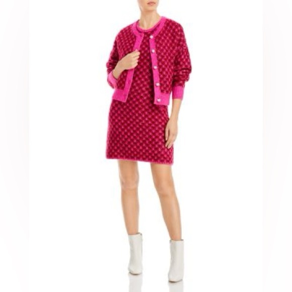 Aqua Faux Imitiation Pearl Preppy Knit Cardigan Pink Red Plaid Check Old Money - Picture 3 of 8